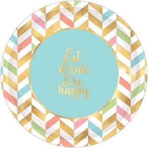 Pastel B-day eat, drink & be happy plates 10.5in 8pcs