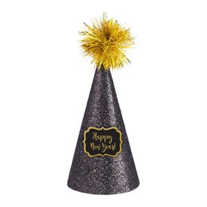 Chapeau de fête noir brillant Happy New Year avec pompon doré