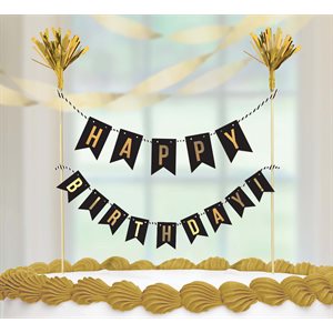 Bannière "happy birthday" or & noir pour gâteau sur piques