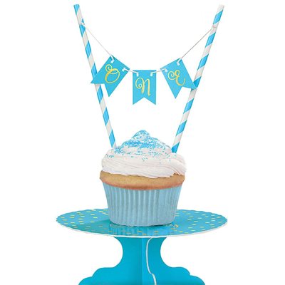 Blue 1st bday mini cake stand & mini pennant banner