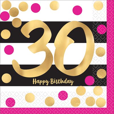 30th gold & pink b-day beverage napkins 16pcs