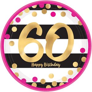 60th gold & pink b-day plates 9in 8pcs