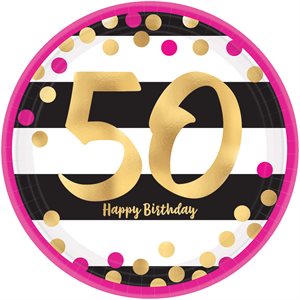 50th gold & pink b-day plates 7in 8pcs
