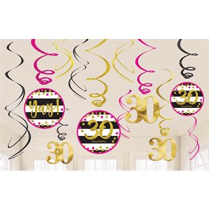 30th gold & pink b-day swirl decorations 12pcs