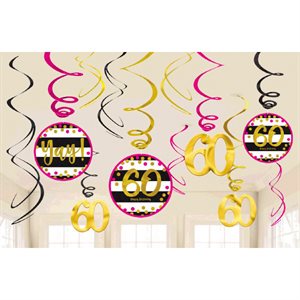 60th gold & pink b-day swirl decorations 12pcs