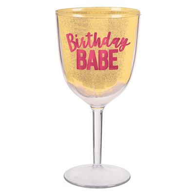 Gold & pink birthday babe plastic wine cup 12oz