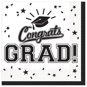 36 serviettes à repas blanc & noir "congrats grad!" graduation