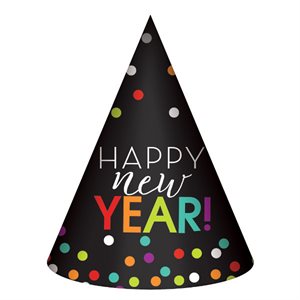 Black Happy New Year party hat with multicoloured dots