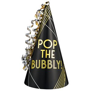 Pop the bubbly party hat with ribbons