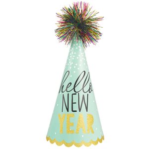 Hello New Year teal party hat with pompom