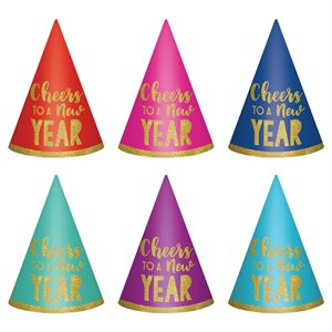 New Year glitter & colourful party hats 6pcs