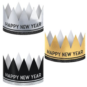 12 couronnes en papier "Happy New Year" argent, doré & noir