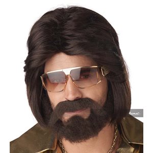 Sexy 70's man brown wig, beard & moustache