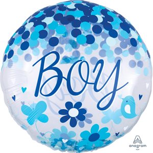 Ballon clair jumbo "Boy" avec confettis bleu