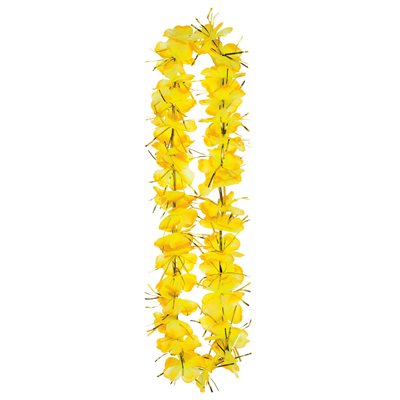 Collier de fleurs hawaïennes & franges métalliques jaunes