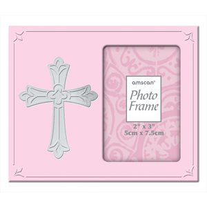 Pink metal picture frame with cross