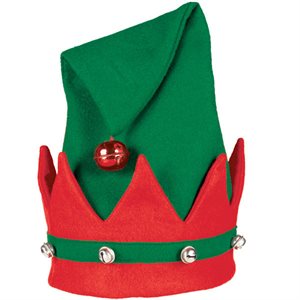 Adult green & red felt elf hat with bells