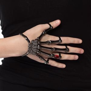 Bracelet & bagues main de squelette avec bijou rouge