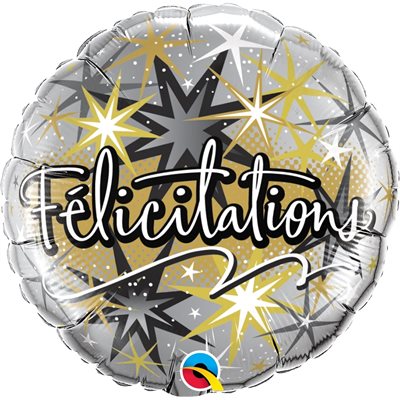Ballon métallique std félicitations argent, noir & or