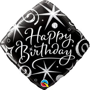Happy birthday black elegant sparkles & swirls std foil balloon