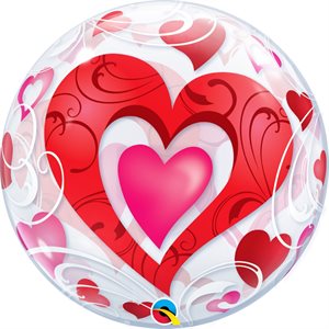 Red hearts & swirls on clear bubble balloon