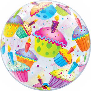 Multicoloured cupcakes on clear bubble balloon