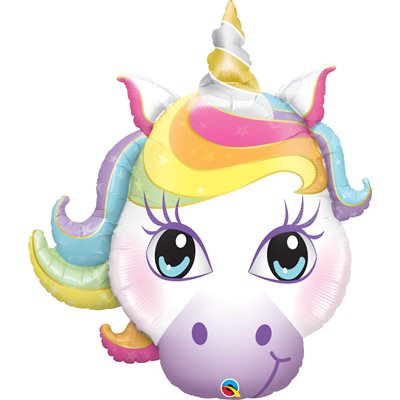 Ballon métallique supershape tête de licorne magique souriante