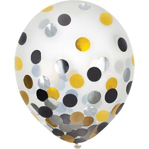 Black, silver & gold confetti latex balloons 12in 6pcs