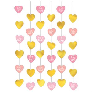 It's A Girl pink & gold heart garland decorations 6pcs