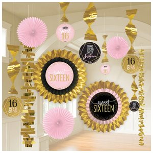 13 décorations à suspendres rose & doré Sweet Sixteen