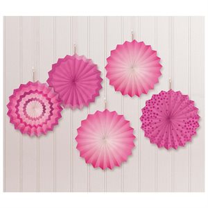 Glitter pink mini paper fans 5in 5pcs