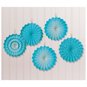 Glitter caribbean blue mini paper fans 5in 5pcs