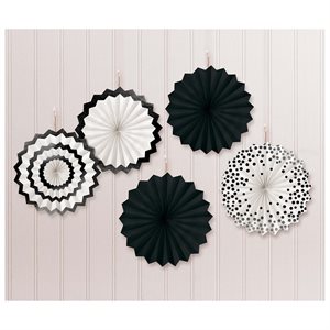Glitter black & white mini paper fans 5in 5pcs