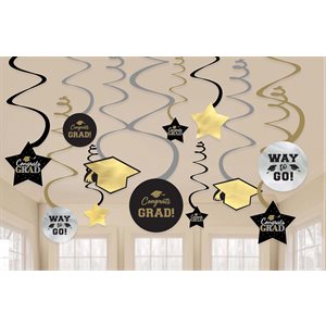 Black, silver & gold graduation swirl decorations 12pcs