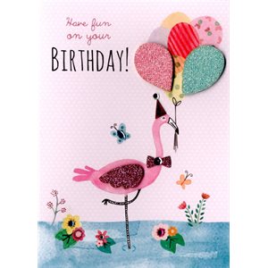 Géante carte de souhait flamant rose & ballons "have fun on your birthday!"