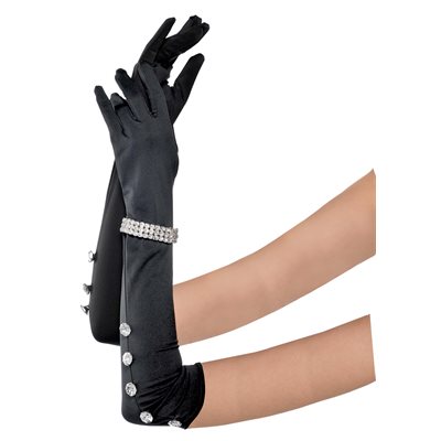 Black extra long satin gloves with rhinestone