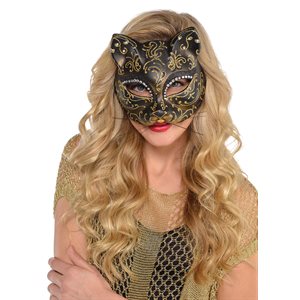 Masque de chat vénitien noir & doré brillant