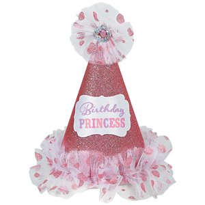 Birthday princess glitter pink cone hat with white tulle
