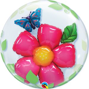 Pink flower & butterfly clear double bubble balloon