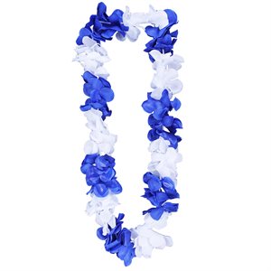 Collier fleurs hawaïennes bleues & blanches 36po